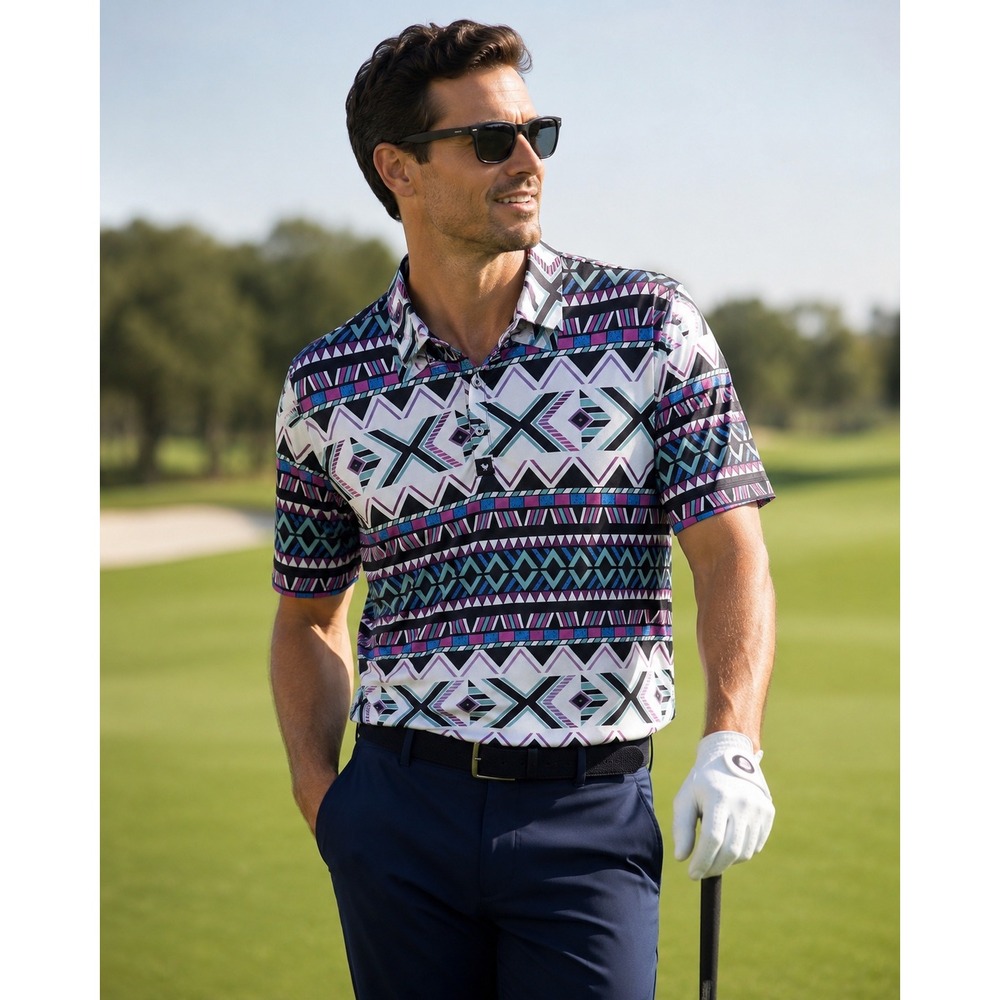 Bad Birdie Golf Shirt Mens XL Pink Blue Geometric Aztec Polo Excellent Stretch